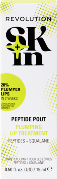 Revolution Skin Peptide Pout Plumping Lip Treatment, białe opakowanie z zielonymi hasłami o 20% większych ustach, widok z przodu.