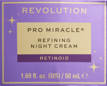 Revolution Pro Miracle Refining Night Cream Retinoid w fioletowym pudełku z beżową etykietą, widok z przodu.