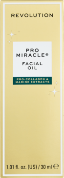 Złote pudełko olejku Revolution Pro Miracle Vegan Pro-Collagen Face Oil 30ml z ekstraktami morskimi, widok z przodu.