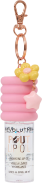 Revolution Pout Lip Oil Lychee Clear, przezroczysty olejek z różową obudową w kształcie makaronika, zawieszką.