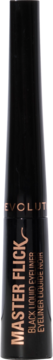 Revolution Master Flick Black Liquid Eyeliner. Czarna butelka z metalicznym napisem, widok z przodu.