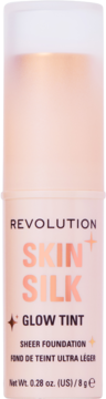 Revolution Skin Silk Glow Tint Sheer Foundation, beżowa butelka z różowo-złotymi napisami, widok z przodu.