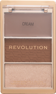 Paleta Bronze Icon Revolution: 3 brązujące cienie do konturowania twarzy, kremowy, matowy i rozświetlający, widok z góry.