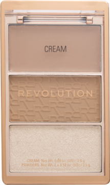 Otwarta paleta Revolution Bronze Icon: matowy krem, brązowy bronzer z logo i błyszczący złoty rozświetlacz.