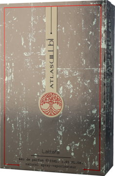 Lattafa ATLAS eau de parfum 50ml, szare pudełko z efektem postarzenia, czerwony emblemat drzewa, widok z przodu.