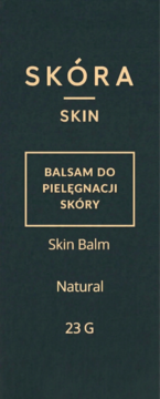 Pionowe opakowanie balsamu do skóry SKÓRA Skin w kolorze ciemnej zieleni z beżowymi napisami, widok z przodu.