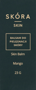 Ciemnozielone opakowanie balsamu do skóry SKÓRA Mango 23 G, z jasnym napisem „Skin Balm” w ramce.