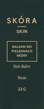 Balsam do pielęgnacji skóry SKÓRA Rose, 23g, w ciemnozielonym opakowaniu z beżowym tekstem, widok z przodu.