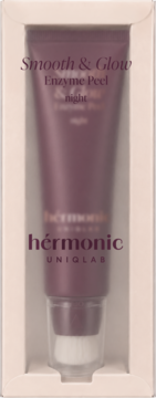 Fioletowy peeling enzymatyczny Hermonic Uniq Lab Smooth & Glow Enzyme Peel Night z pędzelkiem w pudełku.