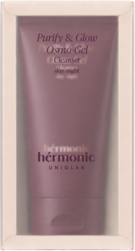 hérmonic Purify & Glow Osmo-Gel Cleanser, śliwkowy żel do mycia twarzy w tubce w jasnym pudełku, z przodu.