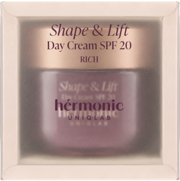 Liftingujący krem Shape & Lift Day Cream SPF 20 RICH w fioletowo-brązowym słoiczku ze złotą nakrętką, w jasnym pudełku, z przodu.