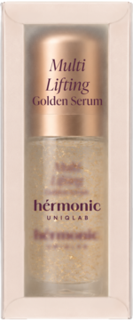 Hermonic Multi Lifting Golden Serum, złote serum w butelce, w przezroczystym opakowaniu, widok z przodu.