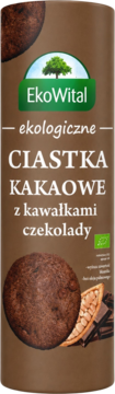 EkoWital: ekologiczne ciastka kakaowe z czekoladą. Brązowe opakowanie z ciastkiem, wegańskie, bez oleju palmowego.