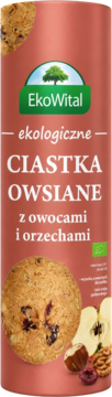 EkoWital, ekologiczne ciastka owsiane z owocami i orzechami, na podłużnym czerwonym opakowaniu, widok z przodu.