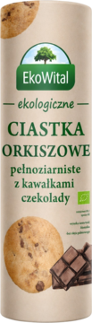 Beżowe opakowanie EkoWital, ekologiczne ciastka orkiszowe pełnoziarniste z czekoladą, z przodu ciasteczko.