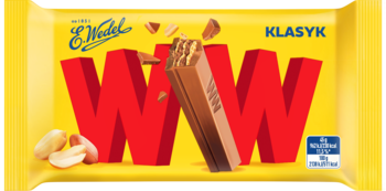 E. Wedel WW Klasyk, baton waflowy w czekoladzie z orzeszkami na żółtym tle z dużym czerwonym logo WW.
