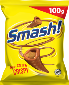 Żółta torebka Smash! 100g, słodko-słone i chrupiące rożki w czekoladzie, widok z przodu.
