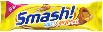 Smash! Salty Caramel candy bar in yellow packaging with 'NEW!' label and a visible caramel filling, close-up.