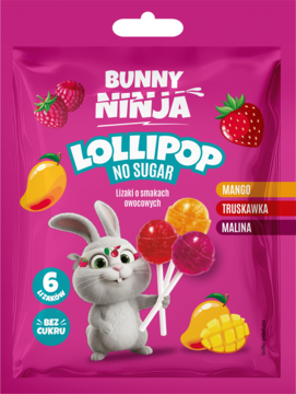 Różowa torebka Bunny Ninja Lollipops No Sugar, królik z 6 lizakami, smaki: mango, truskawka, malina, widok z przodu.
