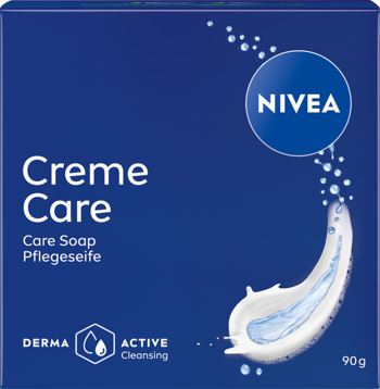 Ciemnoniebieskie opakowanie NIVEA Creme Care mydła w kostce z białym logo i grafiką kremowej piany, widok z przodu.