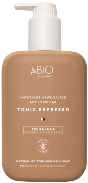 be BIO Tonic Espresso naturalne nawilżające mydło do rąk, brązowa butelka z białą pompką, widok z przodu.