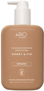 be BIO naturalne mydło do rąk Honey & Fig z ceramidami, brązowa butelka z białą pompką, widok z przodu.