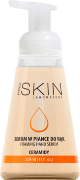 Pro SKIN LABORATORY Foaming Hand Serum Ceramidy w beżowej butelce z białym dozownikiem, widok z przodu.