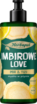 Zielone mydło w płynie Herbapol Imbirowe Love, wegańskie, imbir i yuzu, etykieta z motywem cytryn.