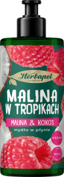 Herbapol mydło w płynie Malina w Tropikach. Zielona butelka z czarną pompką, etykieta z malinami i kokosem.