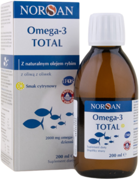NORSAN Omega-3 TOTAL, butelka 200 ml i kartonik. Płynny suplement z naturalnym olejem rybim, cytrynowy.