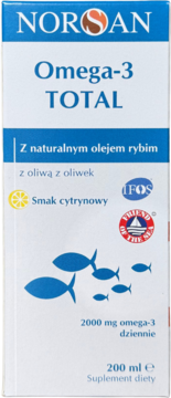 NORSAN Omega-3 TOTAL, 200ml, front białego opakowania z naturalnym olejem rybim, oliwą i cytrynowym smakiem.