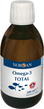 NORSAN Omega-3 TOTAL suplement diety 200ml w brązowej butelce z białym korkiem, widok z przodu.