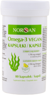 Biały pojemnik NORSAN Omega-3 Vegan 80 kapsułek z zielono-białą etykietą i grafiką alg, widok z przodu.