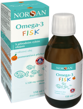 Olej NORSAN Omega-3 FISK w butelce 150 ml i pudełku, pomarańczowy smak, z motywem ryb, widok z przodu.