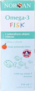 Front of NORSAN Omega-3 FISK, 150ml white/teal box, natural fish oil, olive oil, orange flavor.