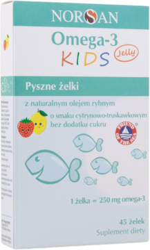 NORSAN Omega-3 KIDS Jelly, białe pudełko z zielonym paskiem, żelki o smaku cytryny i truskawki, z przodu.