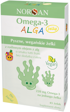 NORSAN Omega-3 ALGA Jelly, wegańskie żelki tutti frutti, zielone pudełko z grafiką alg, widok z przodu.