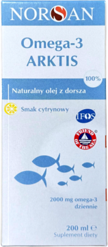 NORSAN Omega-3 ARKTIS, 200 ml, olej z dorsza o smaku cytrynowym w białym opakowaniu z niebieską grafiką ryb.