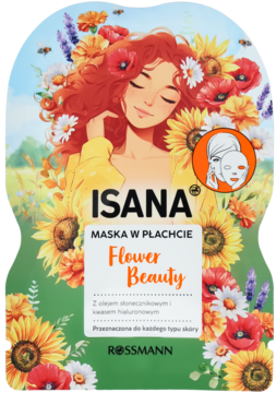 Isana Flower Beauty Maska w płachcie, kolorowe opakowanie z kwiatami i kobietą, olejek słonecznikowy, kwas hialuronowy.