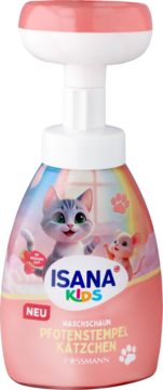 Różowo-biały Isana Kids Pfotenstempel Katzchen Waschschaum, butelka z pompką, kotek i myszka, widok z przodu.