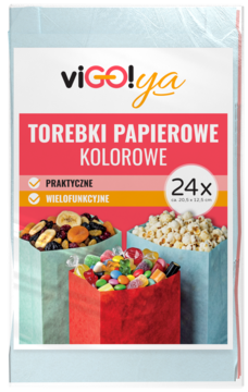 Opakowanie kolorowych torebek papierowych vIGO!ya. Grafika 3 toreb wypełnionych słodyczami, suszem i popcornem. 24 sztuki.