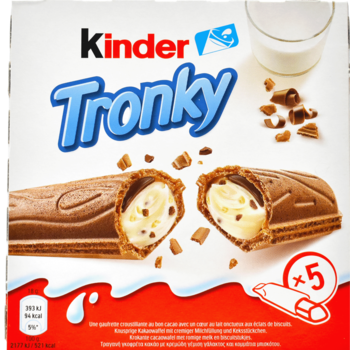 Białe pudełko Kinder Tronky (x5) z batonikami mlecznymi o chrupiącej skórce, z kremowym nadzieniem i kawałkami ciastek.