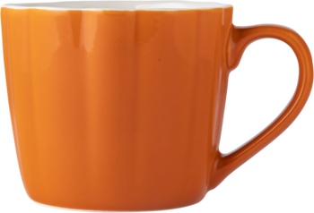 Jaskrawy pomarańczowy kubek ceramiczny z eleganckim uchwytem, widok z boku na gładką, błyszczącą powierzchnię.