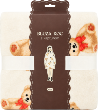 Kremowa bluza-koc z kapturem, ozdobiona pluszowymi misiami w czerwonych kokardach, widok z przodu opakowania.