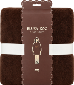 Złożony, miękki brązowy koc-bluza z kapturem (100% poliester), z etykietą i ilustracją osoby.