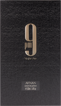 Czarne, teksturowane pudełko Afnan 9 PM Night Out Extrait de Parfum unisex 100ml, złote logo, front.