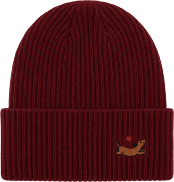 Bordowa, prążkowana czapka beanie z wywiniętym brzegiem. Haftowany brązowy piesek (jamnik) z małym czerwonym sercem.