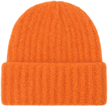 Jaskrawo pomarańczowa czapka zimowa typu beanie z miękkiej, prążkowanej dzianiny, widok z przodu.