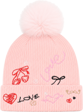Jasnoróżowa prążkowana czapka beanie z puszystym pomponem, haftowane wisienki i napisy 'Love', widok z przodu.