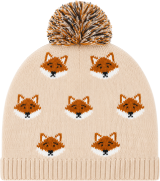 Kremowa czapka zimowa beanie z puszystym pomponem i siedmioma rudymi lisimi pyszczkami. Widok z przodu.